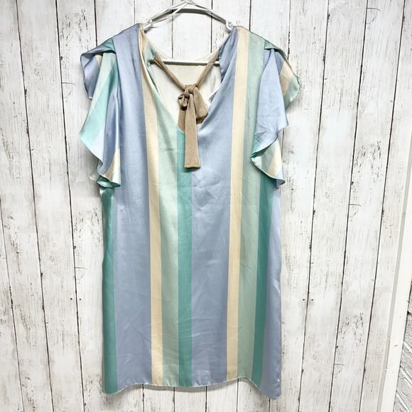 Mango Dress Women Size 8 Blue & Green Striped Shift Satin Finish Ruffled Sleeve - Picture 2 of 6